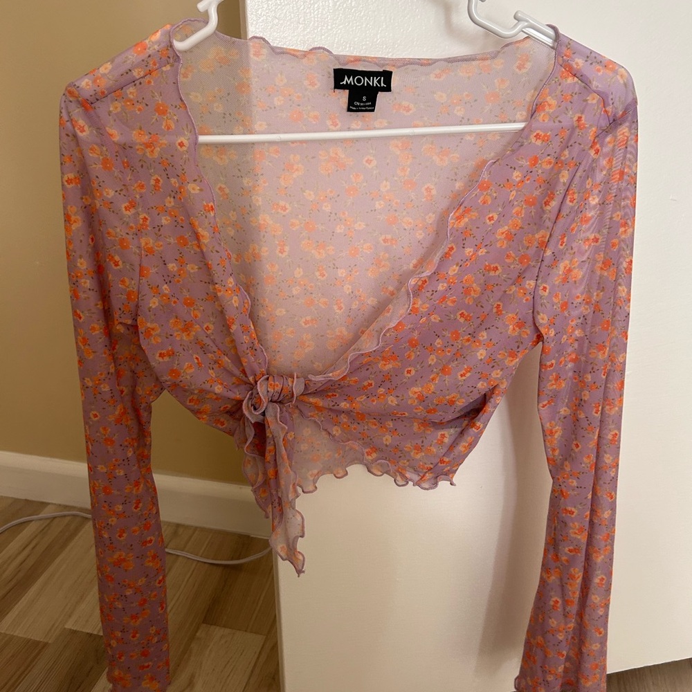 Monki Lavender and Orange Floral Tie-Front Blouse